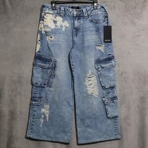 True Religion Destroy Bobbi Cargo Jeans Womens 32x26 Blue Wide Distressed Baggy